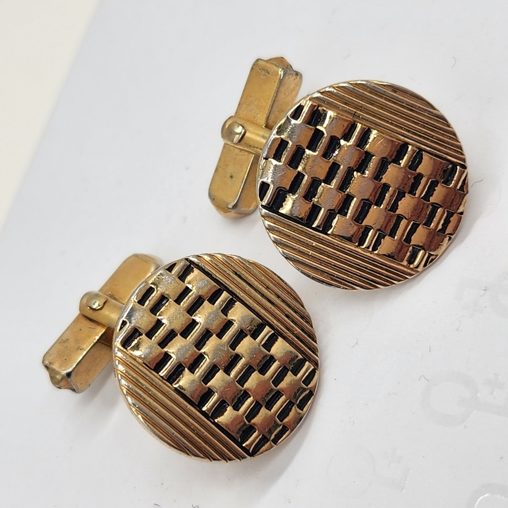 Vintage cufflinks golden tone woven bullet back round texturized formal classic